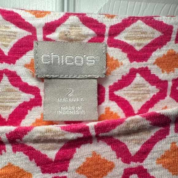 Chico's Pink Orange Geometric 3/4 Sleeve Top shirt Cotton Blend Pullover Size 2 - Picture 3 of 5